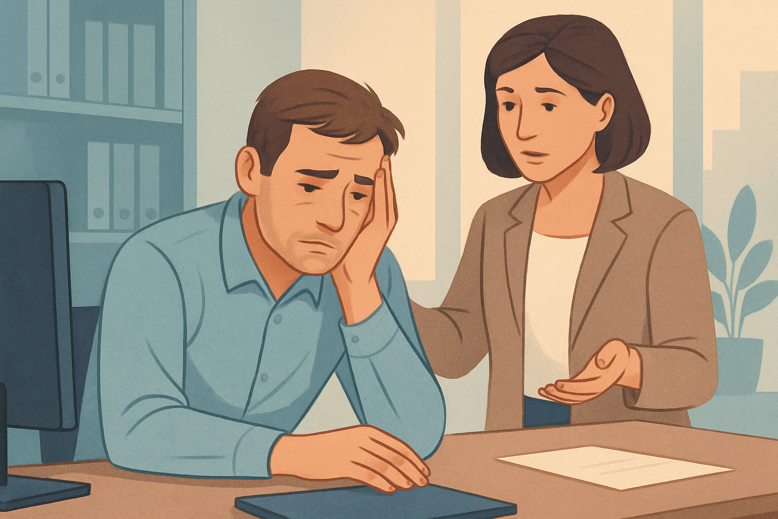 Gestresste Person am Arbeitsplatz, abgelenkt durch Gedanken an Glücksspiel