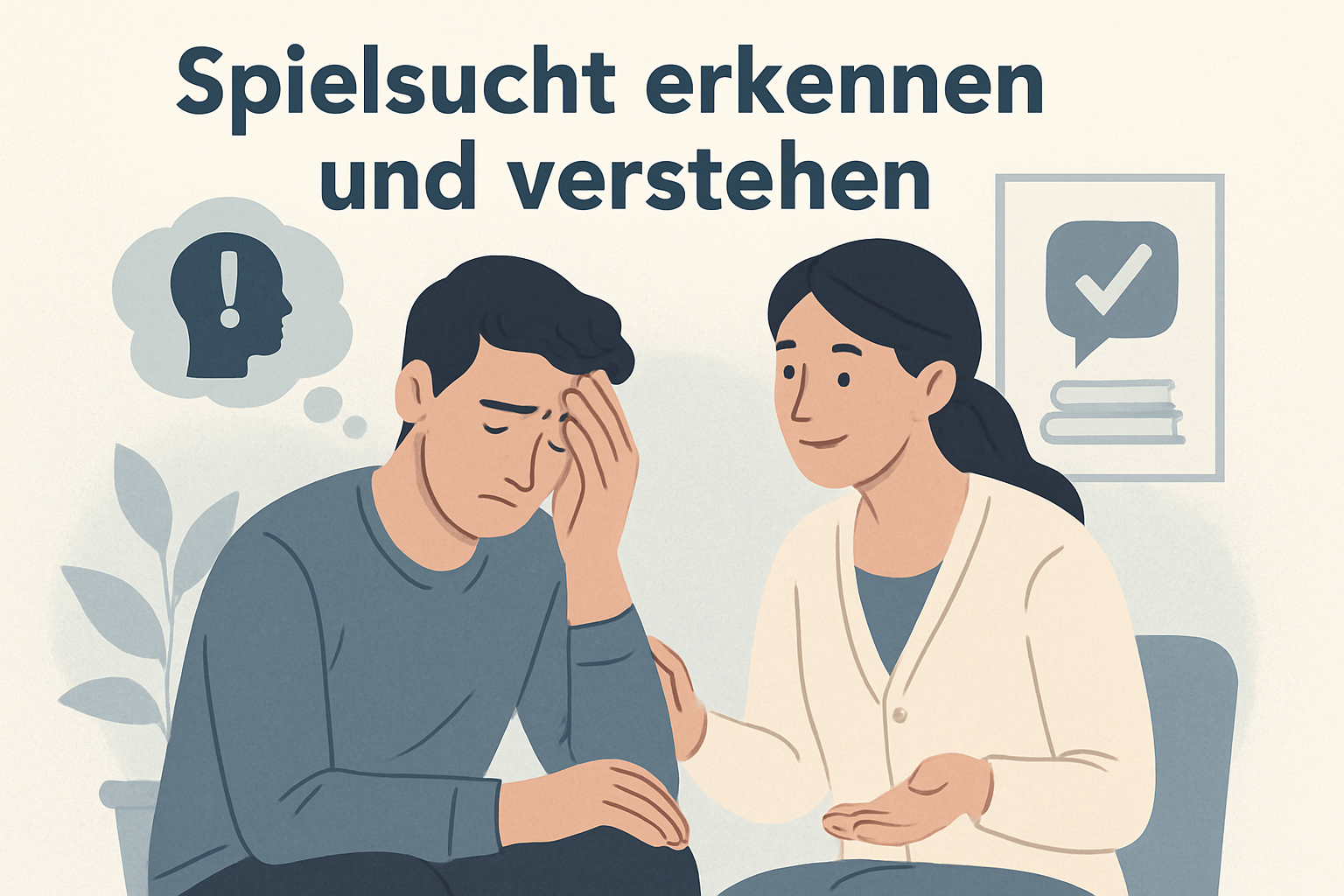 Person sitzt nachdenklich vor Computer mit Symbolen für Spielautomaten und Warnsignalen