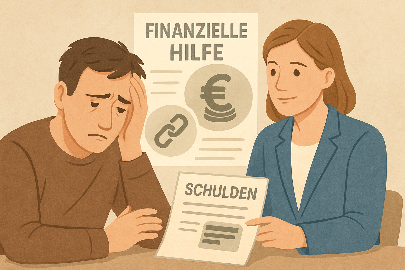 Person vor Schreibtisch mit Rechnungen und Taschenrechner, hoffnungsvoller Ausblick durch Fenster