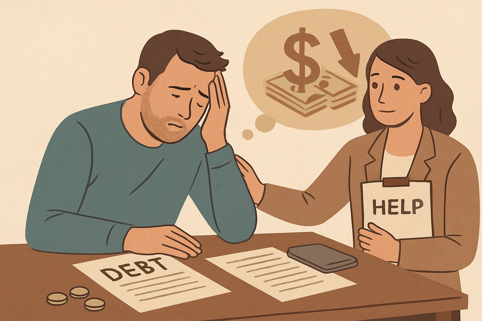 Person ordnet Finanzunterlagen und plant Schuldenabbau mit hoffnungsvollem Ausblick