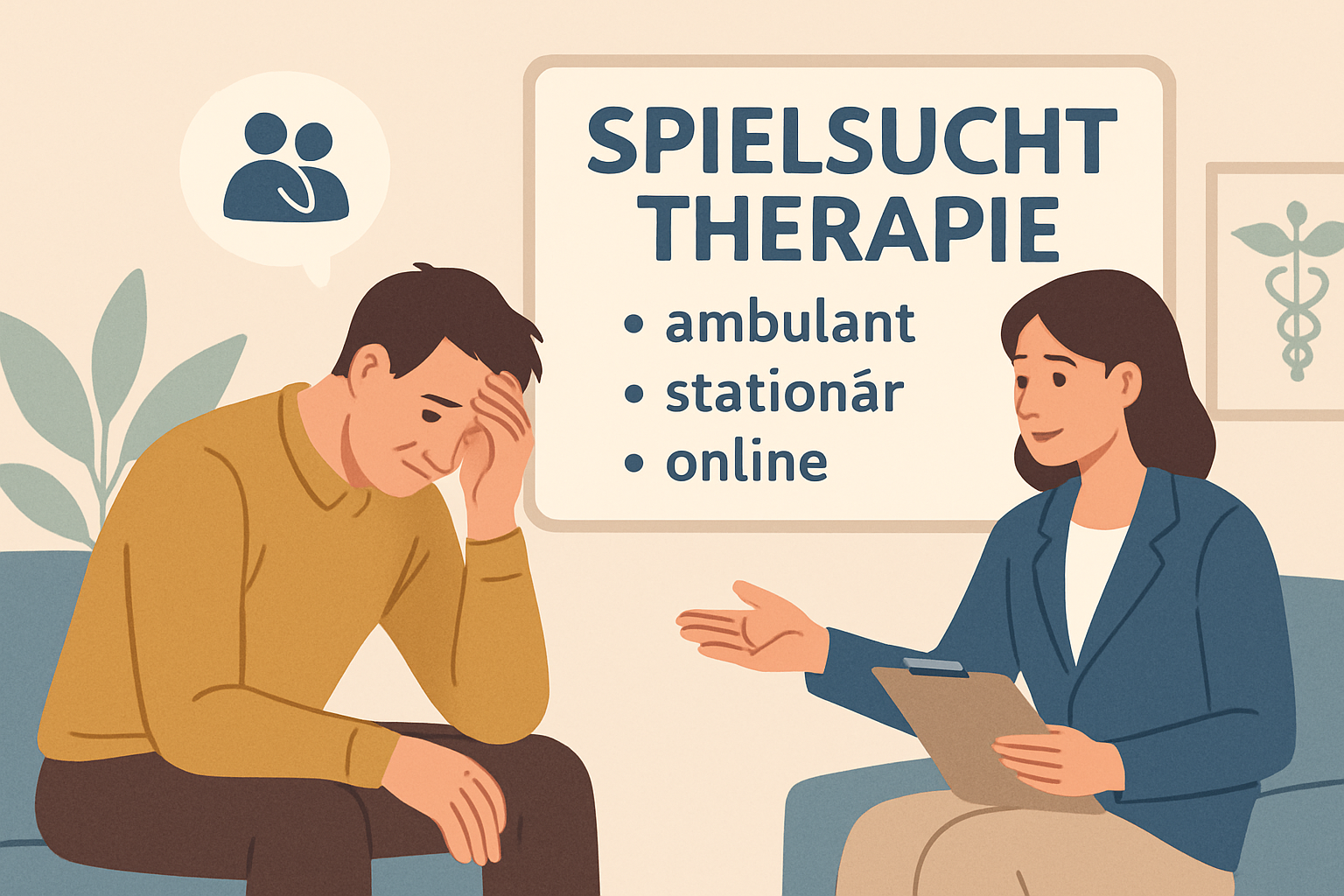 Therapeutisches Gespräch zwischen Therapeut und Patient in ruhiger, hoffnungsvoller Atmosphäre