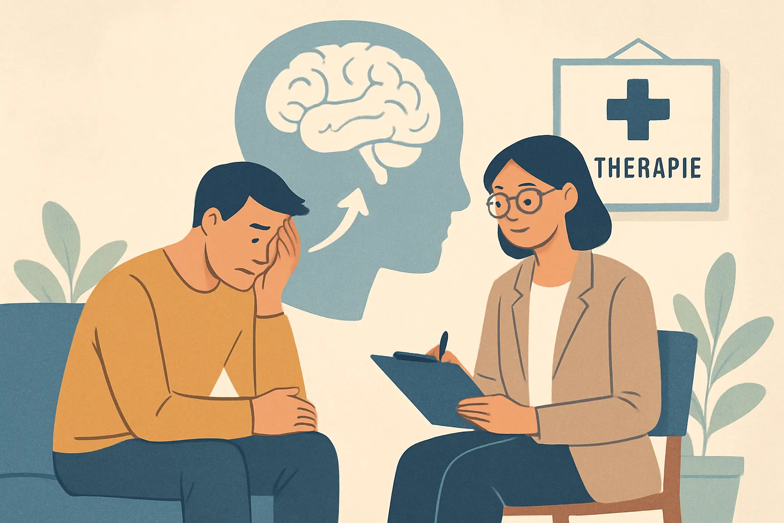 Person im Therapiegespräch mit Therapeut, symbolisiert Verhaltenstherapie bei Spielsucht